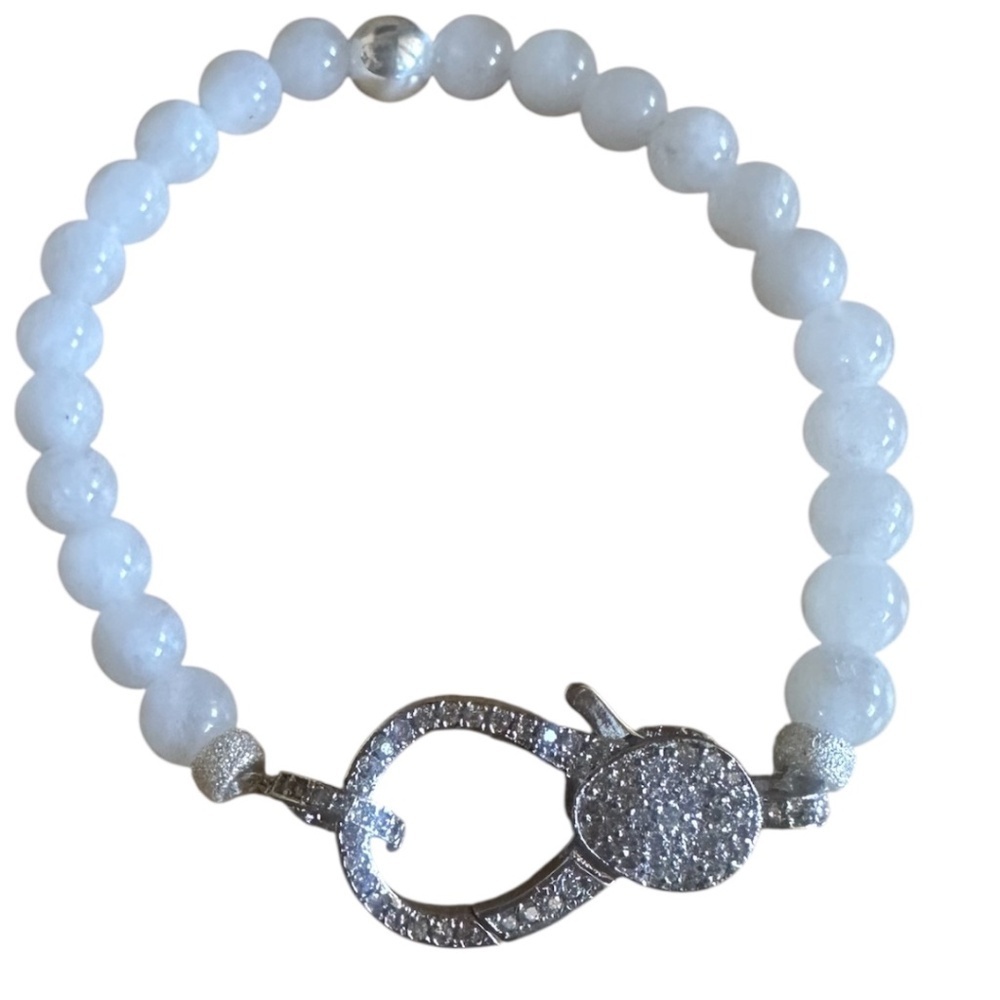 NEW White Moonstone 6mm Beaded Bracelet Silver Pave Clasp Stardust Spacers